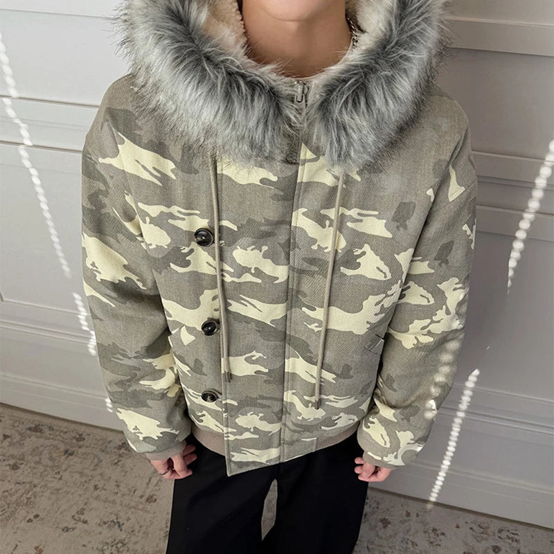 Y2K Faux Fur Collar Lined Drawstring Hooded Camouflage Jacket Coats