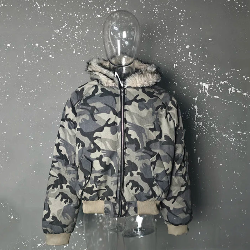 Y2K Faux Fur Lined Hood Arctic Camouflage Zip Up Jacket
