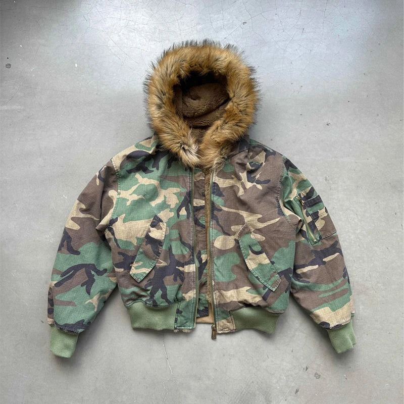 Y2K Faux Fur Lined Hood Camouflage Zip Up Jacket