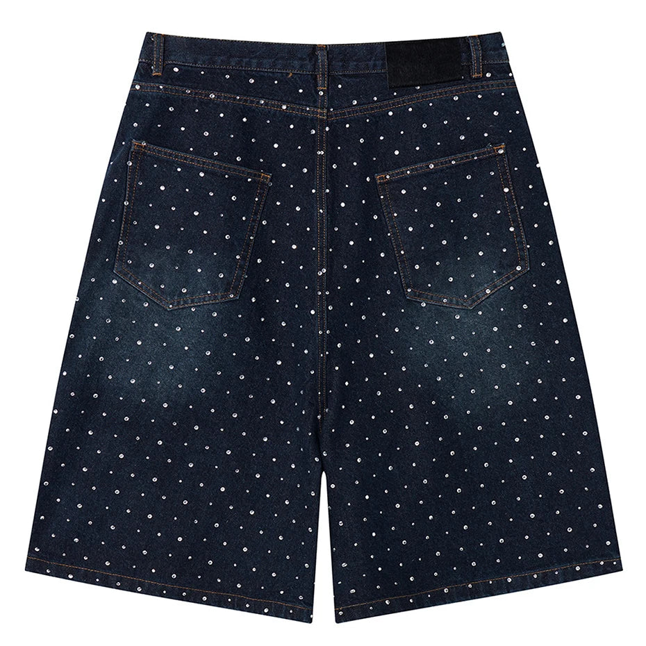Y2K Faux Pearl and Rhinestone Denim Shorts Jorts