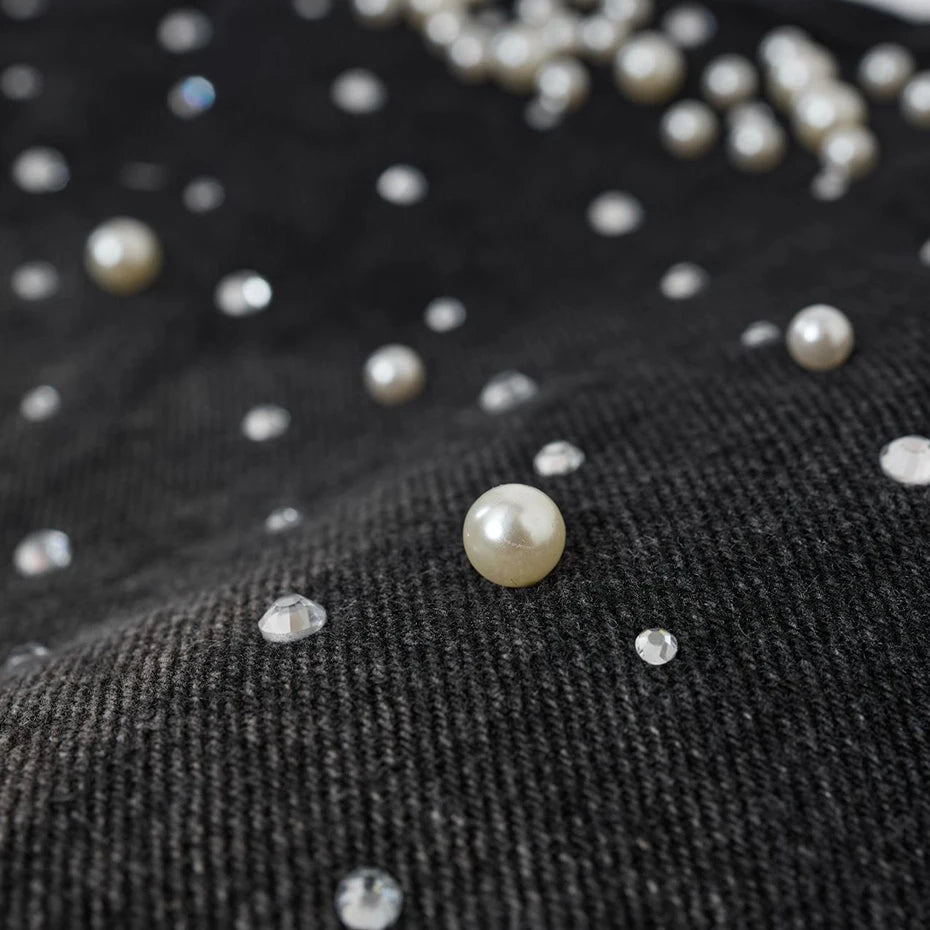 Y2K Faux Pearl and Rhinestone Denim Shorts Jorts