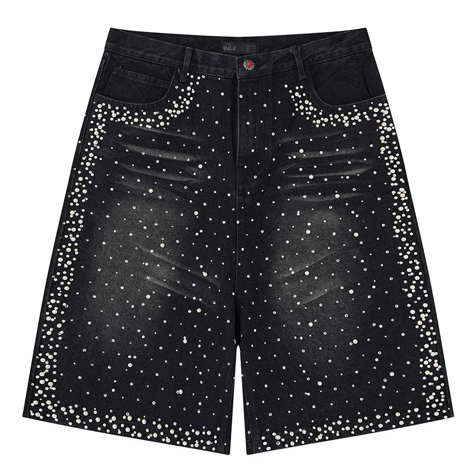 Y2K Faux Pearl and Rhinestone Denim Shorts Jorts