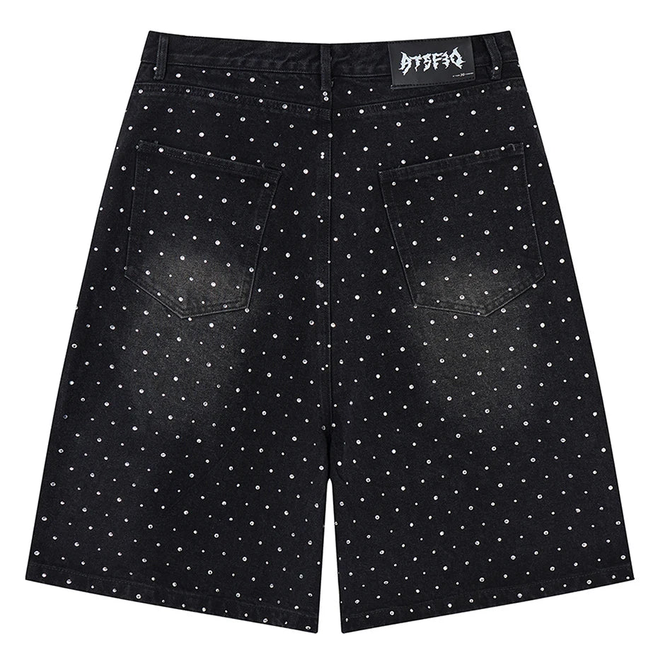 Y2K Faux Pearl and Rhinestone Denim Shorts Jorts
