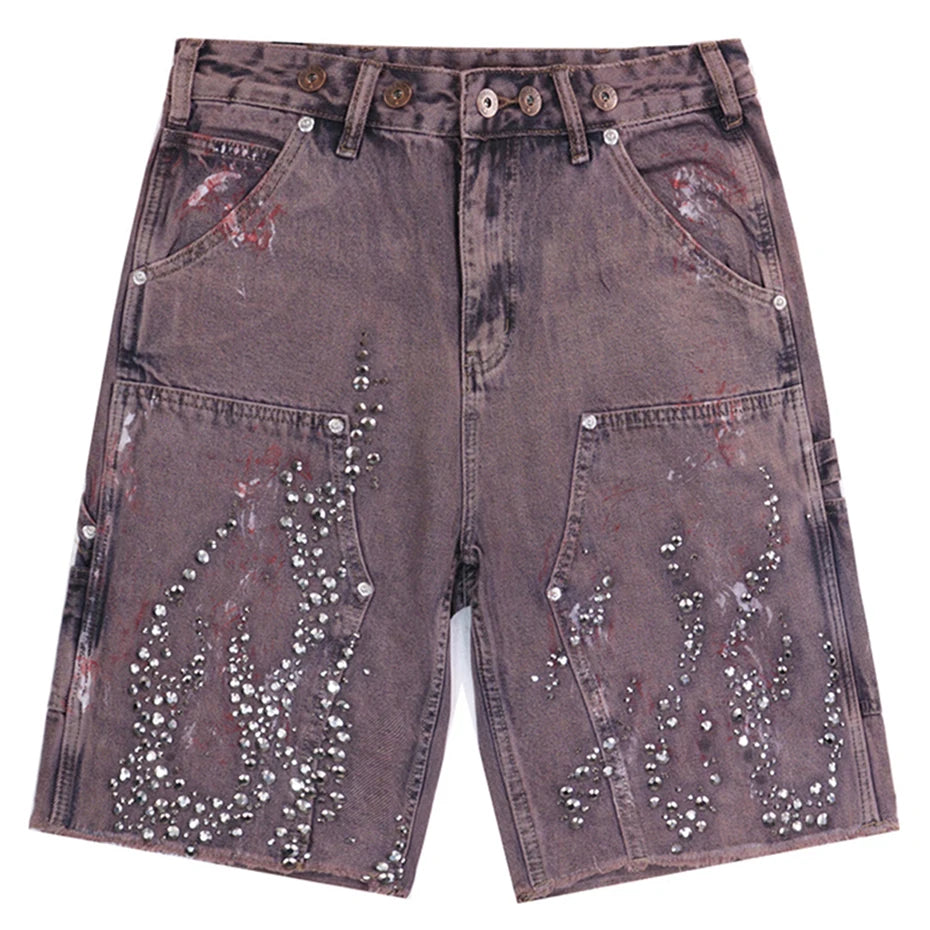 Y2K Fire Diamond Rhinestone Denim Shorts Jorts