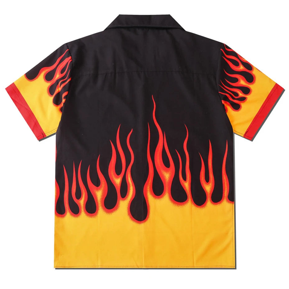 Y2K Fire Graphic Button Down Short Sleeve Shirt