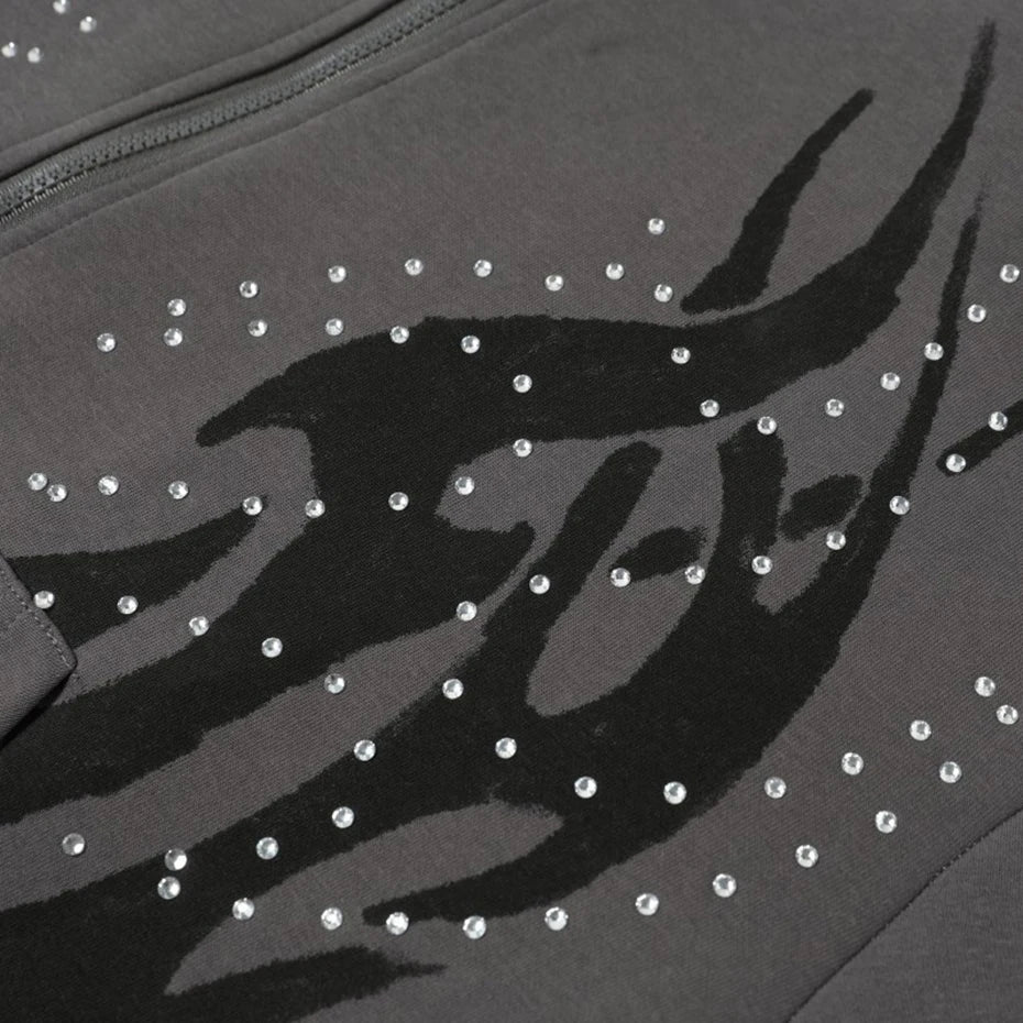 Y2K Fire Rhinestone Full Zip Up Hoodie