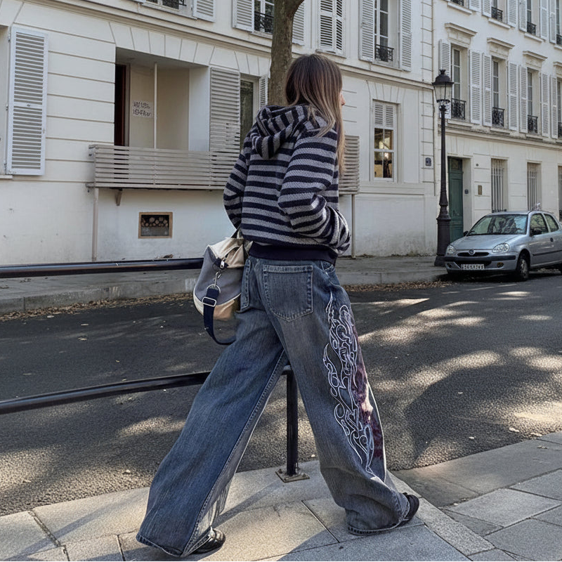 Y2K Flame Outline Baggy Embroidered Jeans