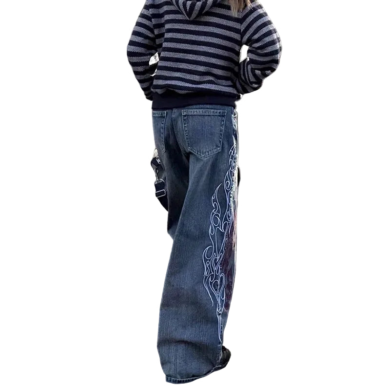 Y2K Flame Outline Baggy Embroidered Jeans