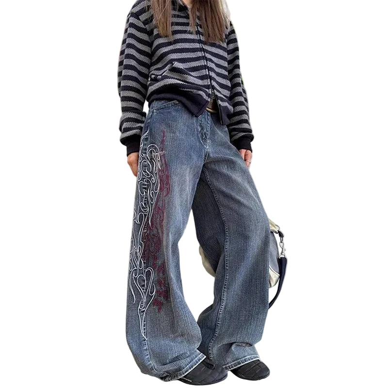 Y2K Flame Outline Baggy Embroidered Jeans