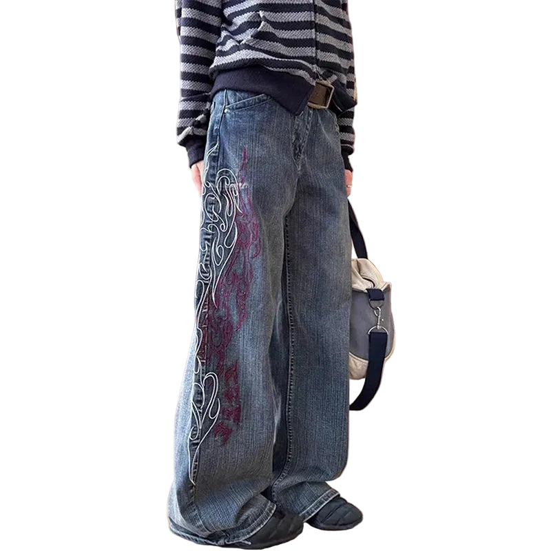 Y2K Flame Outline Baggy Embroidered Jeans