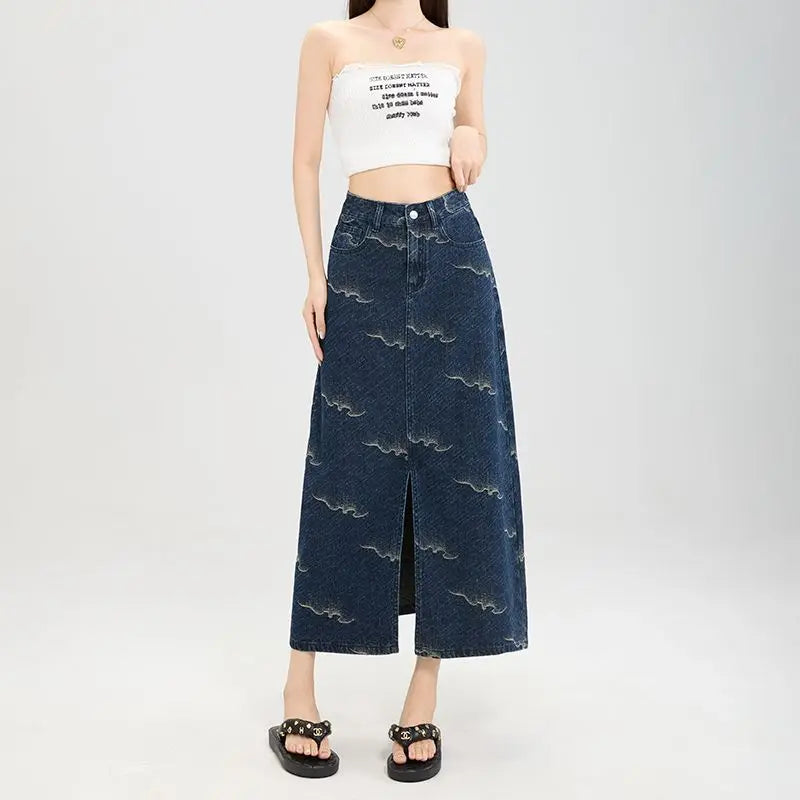 Y2K Floral Blue Jacquard Waves Denim Midi Skirt