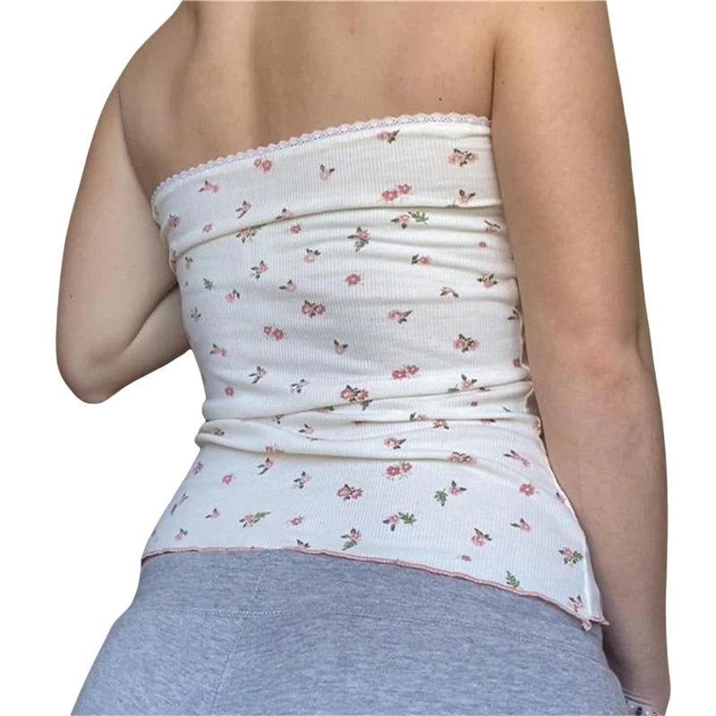 Y2K Floral Coquette Lace Trim Bandeau Tube Top