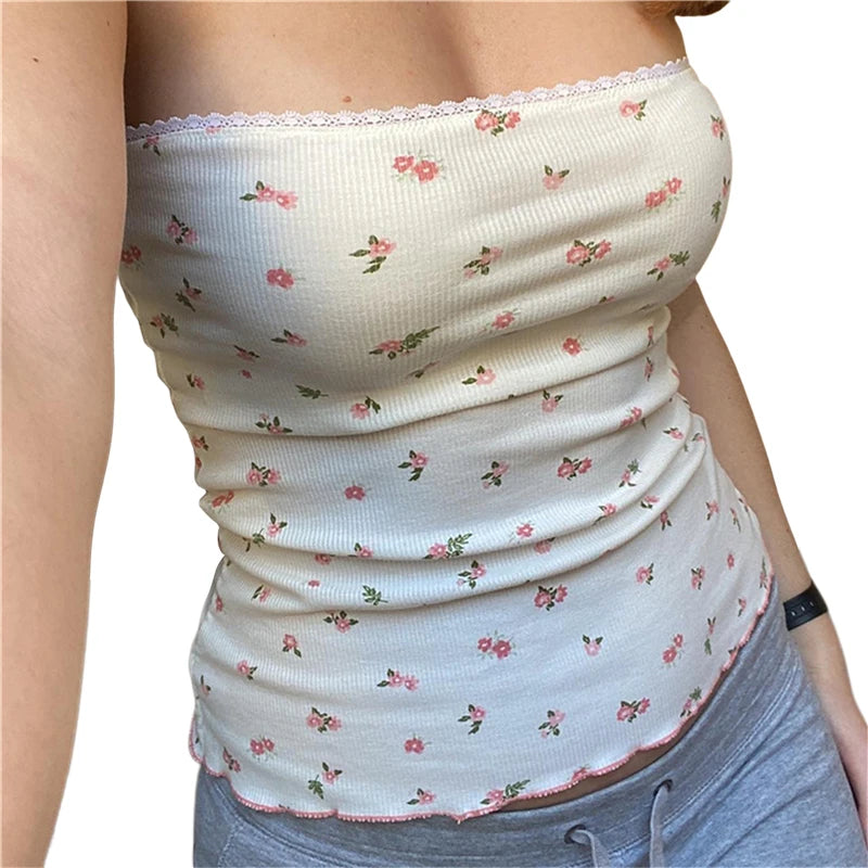Y2K Floral Coquette Lace Trim Bandeau Tube Top