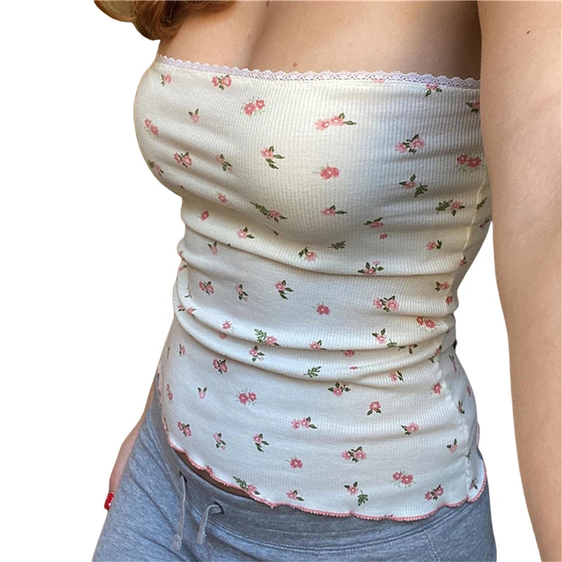 Y2K Floral Coquette Lace Trim Bandeau Tube Top