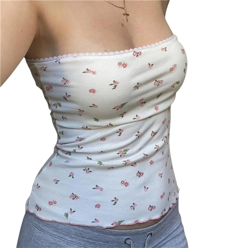Y2K Floral Coquette Lace Trim Bandeau Tube Top