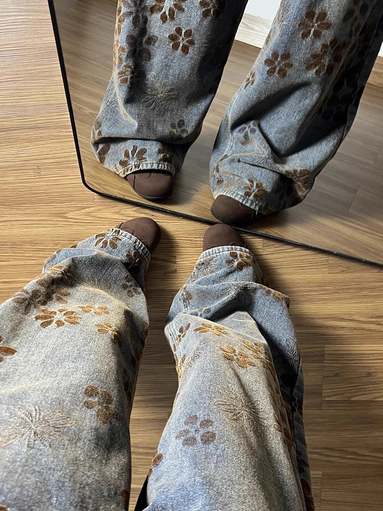 Y2K Floral Jacquard Denim Barrel Jeans