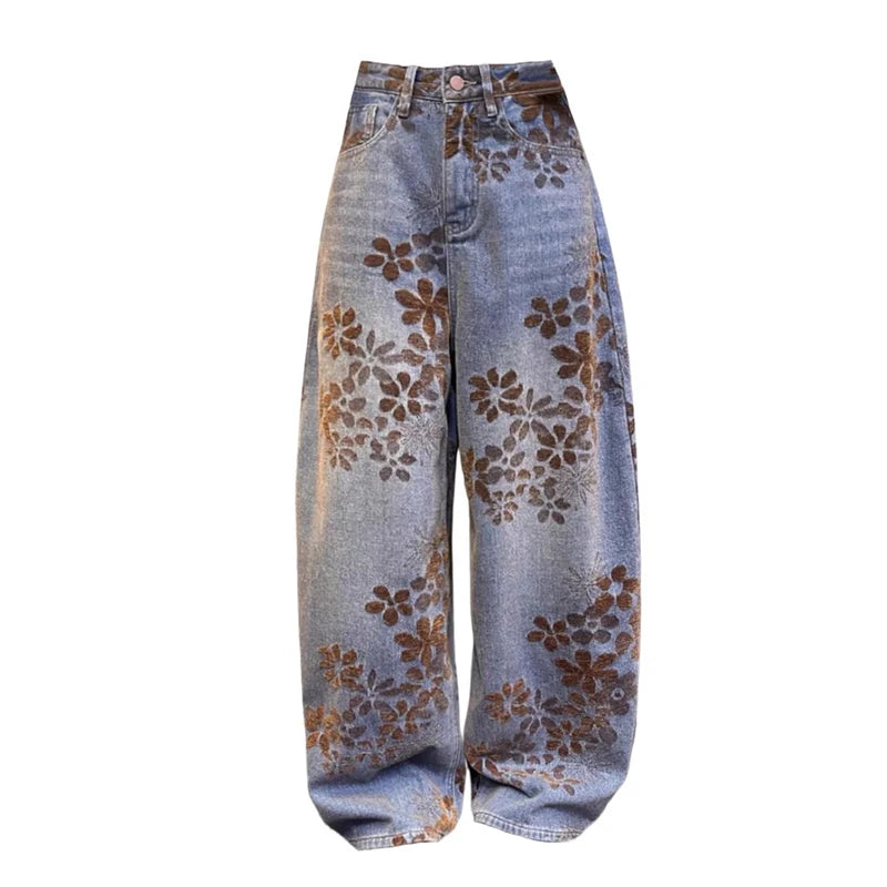 Y2K Floral Jacquard Denim Barrel Jeans