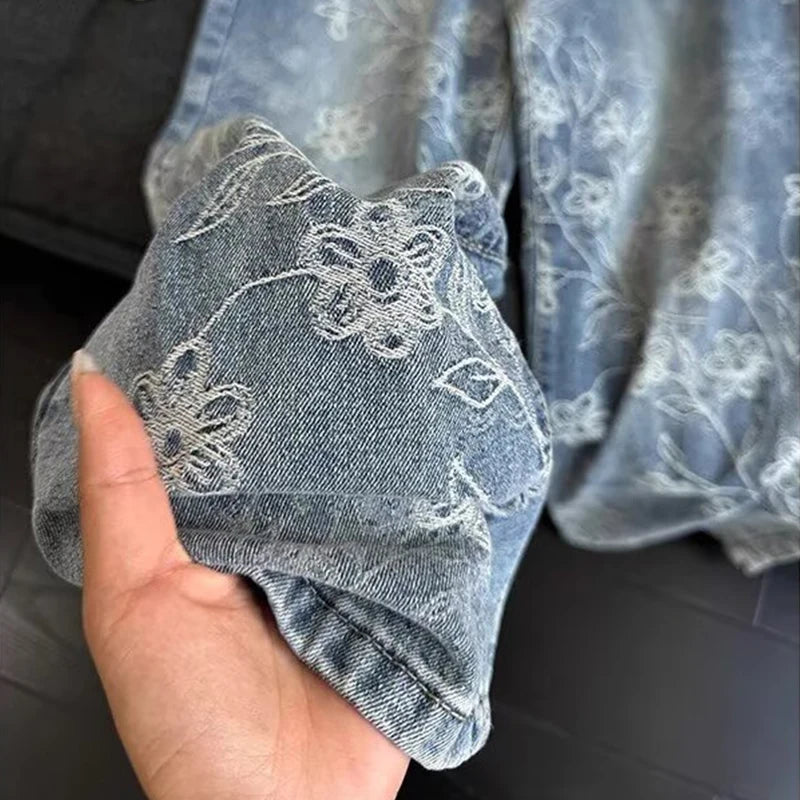 Y2K Floral Jacquard Embroidered Straight Leg Jeans
