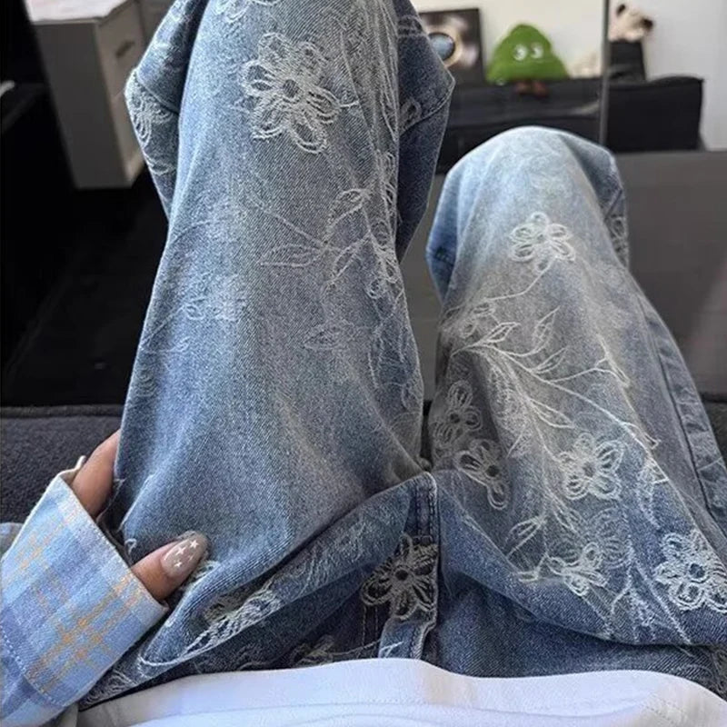 Y2K Floral Jacquard Embroidered Straight Leg Jeans