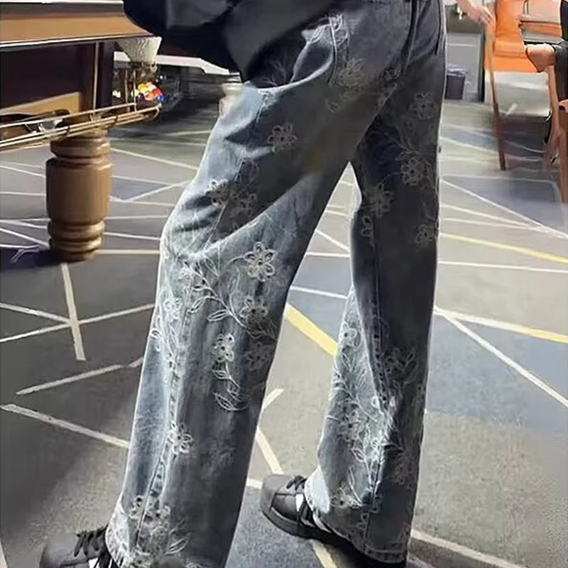 Y2K Floral Jacquard Embroidered Straight Leg Jeans
