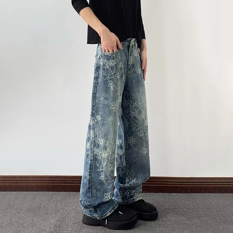 Y2K Floral Jacquard Embroidered Straight Leg Jeans