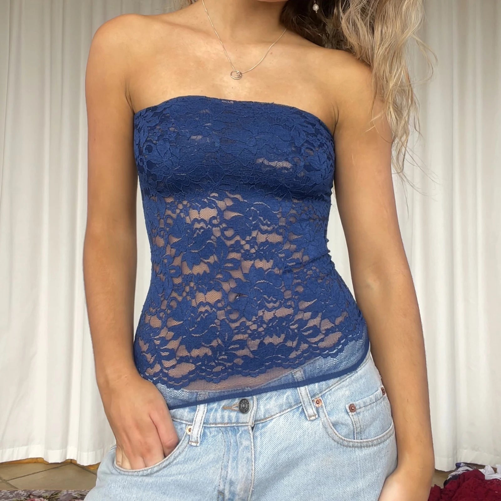 Y2K Floral Lace Bandeau Tube Top