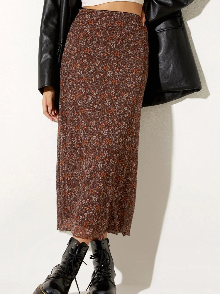 Y2K Floral Slim High Waist Flowy Maxi Skirt