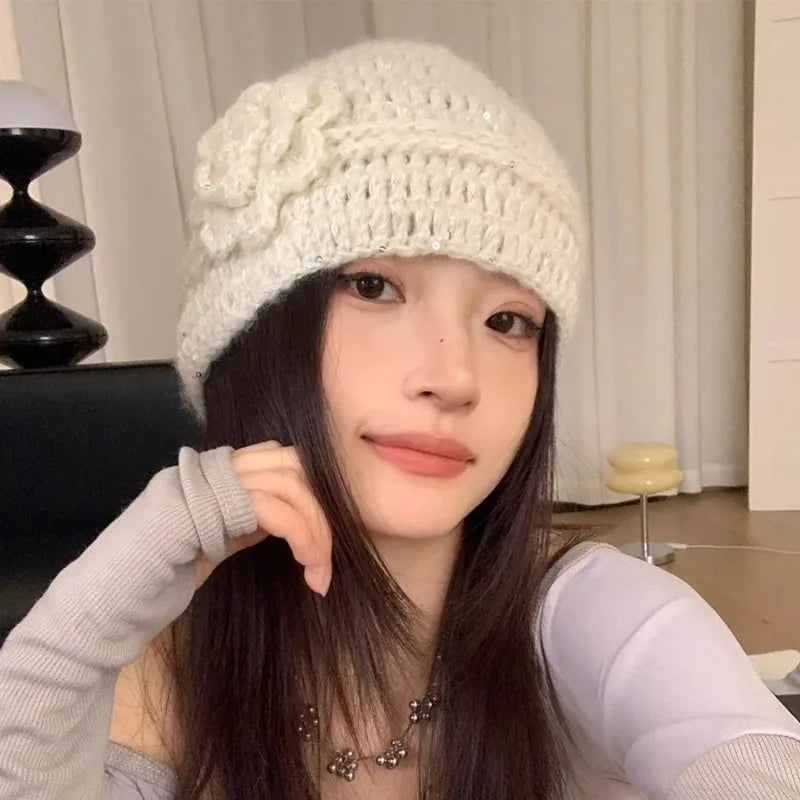 Y2K French Sparkle Flower Knit Beanie