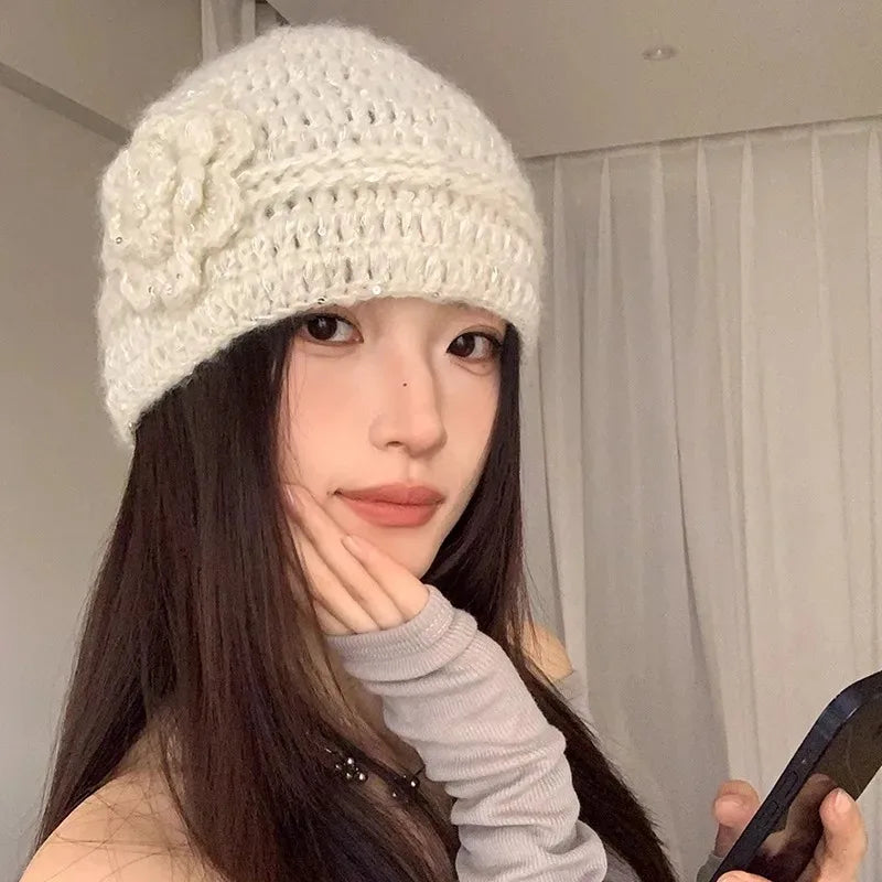 Y2K French Sparkle Flower Knit Beanie