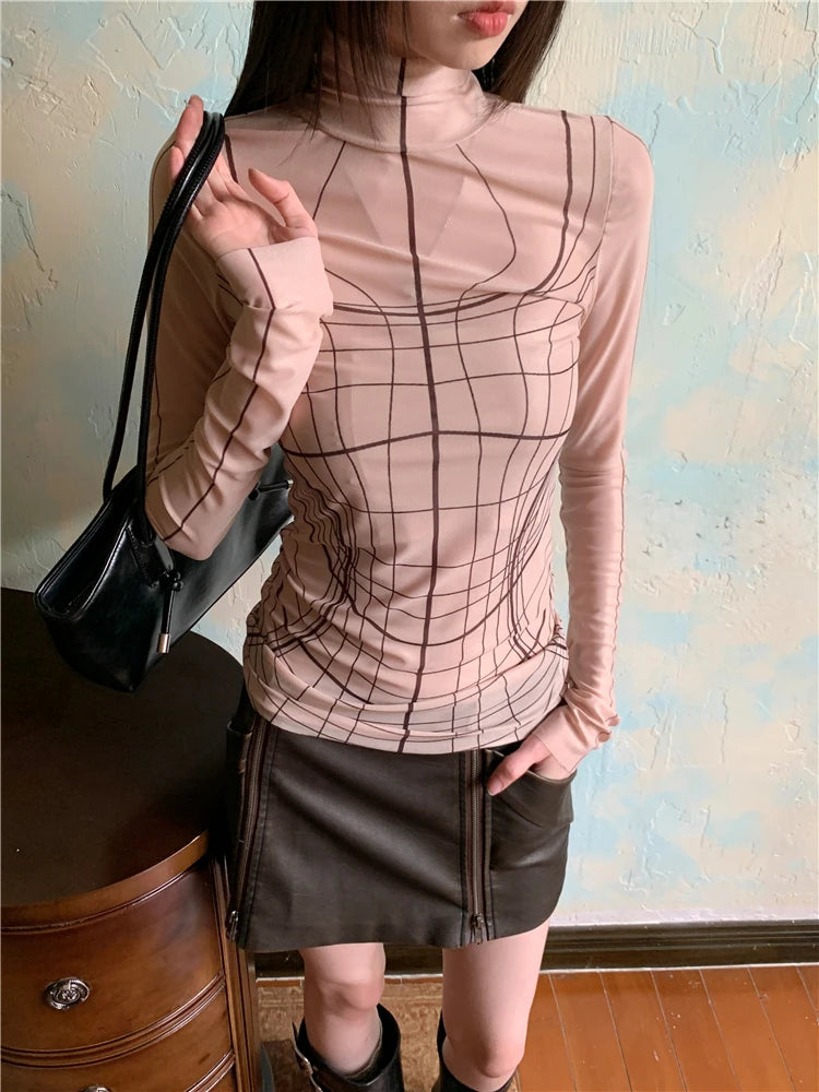 Y2K Geometric Long Sleeve Mesh Top