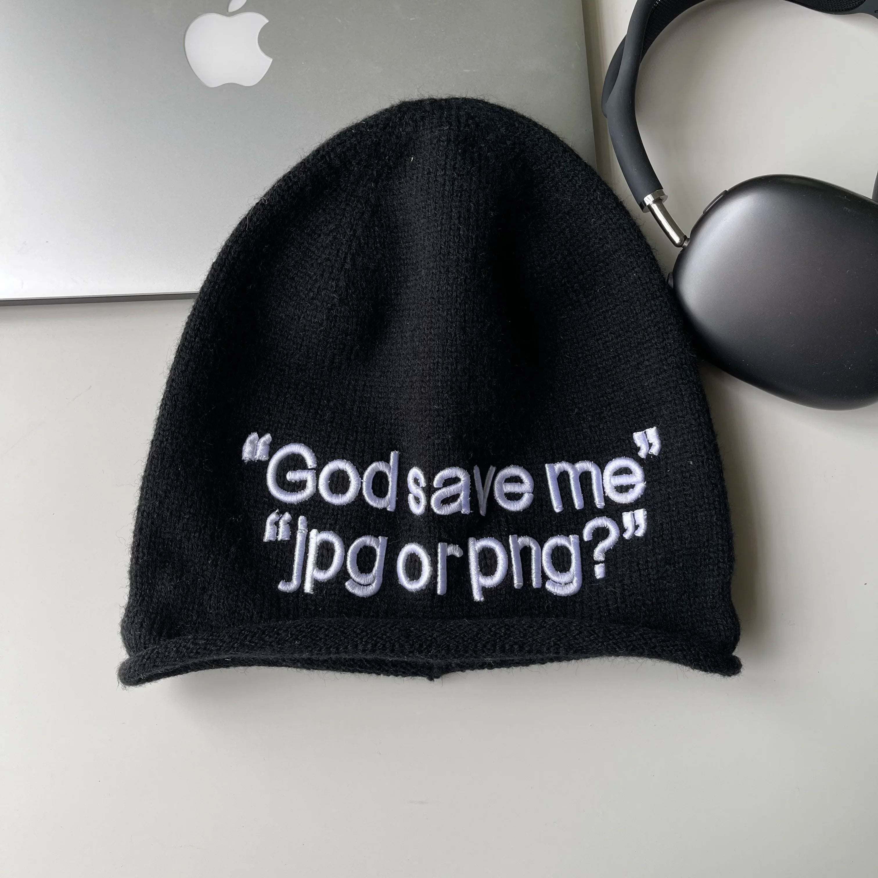 Y2K "God Save Me" Embroidered Text Graphic Beanie