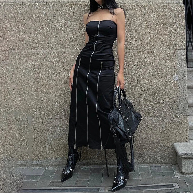 Y2K Gothic Techwear Zip Up Midi Dress