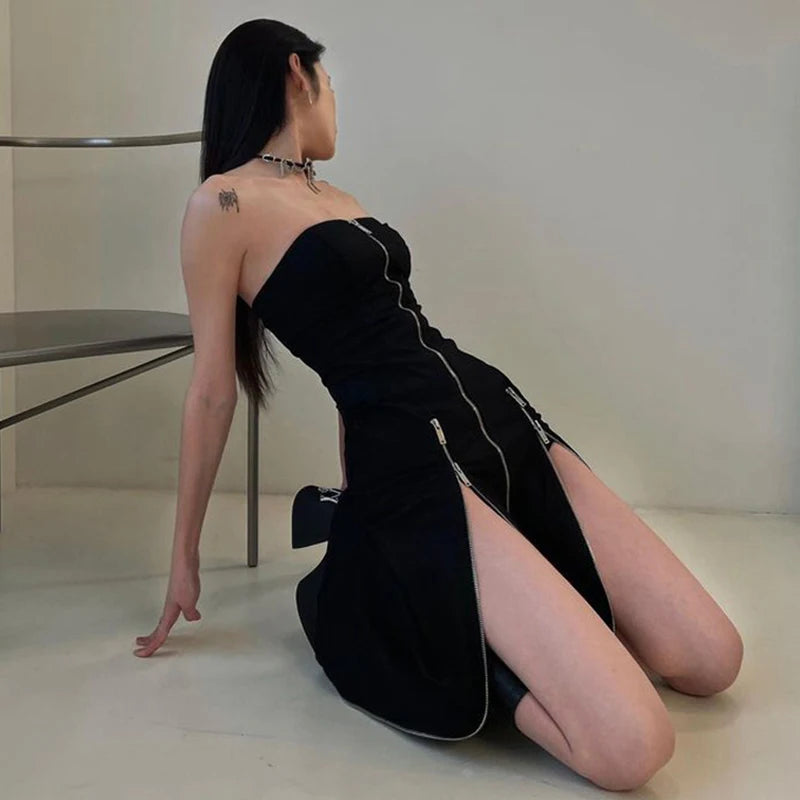 Y2K Gothic Techwear Zip Up Midi Dress