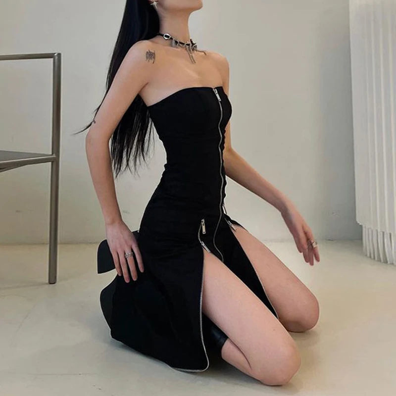 Y2K Gothic Techwear Zip Up Midi Dress