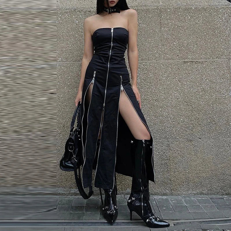 Y2K Gothic Techwear Zip Up Midi Dress