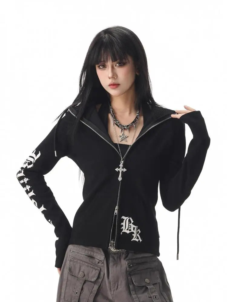 Y2K Gothic Text Graphic Womens Zip Up Piping Hoodie