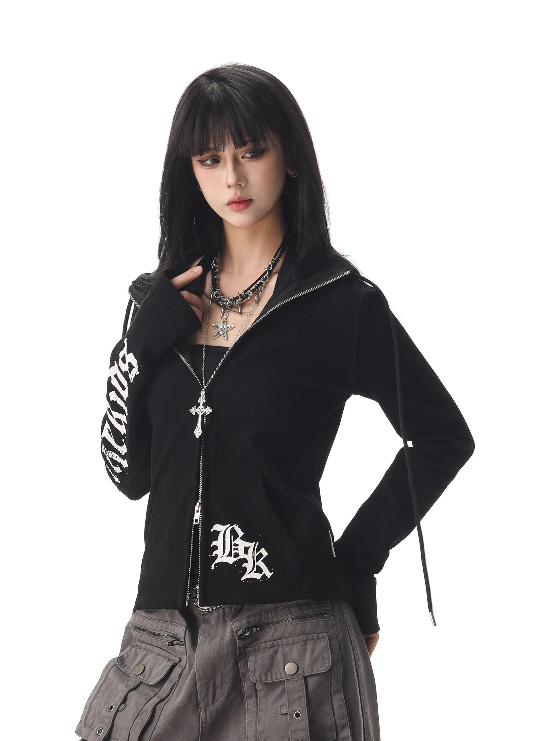 Y2K Gothic Text Graphic Womens Zip Up Piping Hoodie
