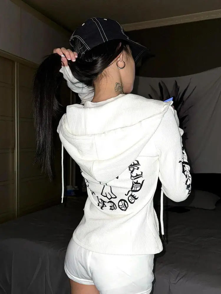 Y2K Gothic Text Graphic Womens Zip Up Piping Hoodie