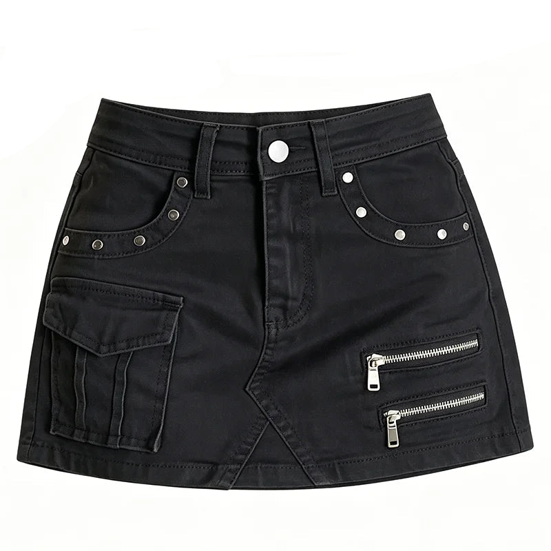 Y2K Gothic Zipper Studs Black Denim Mini Skirt