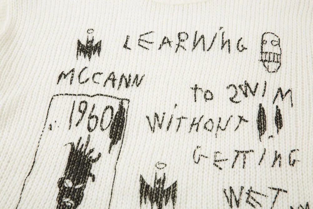 Y2K Graffiti Graphic Learning Knitted Sweater