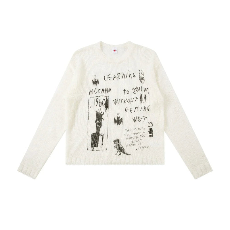 Y2K Graffiti Graphic Learning Knitted Sweater