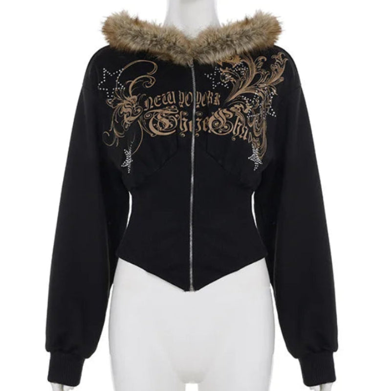Y2K Graphic Print Slim Fit Cropped Zip Up Faux Fur Hoodie