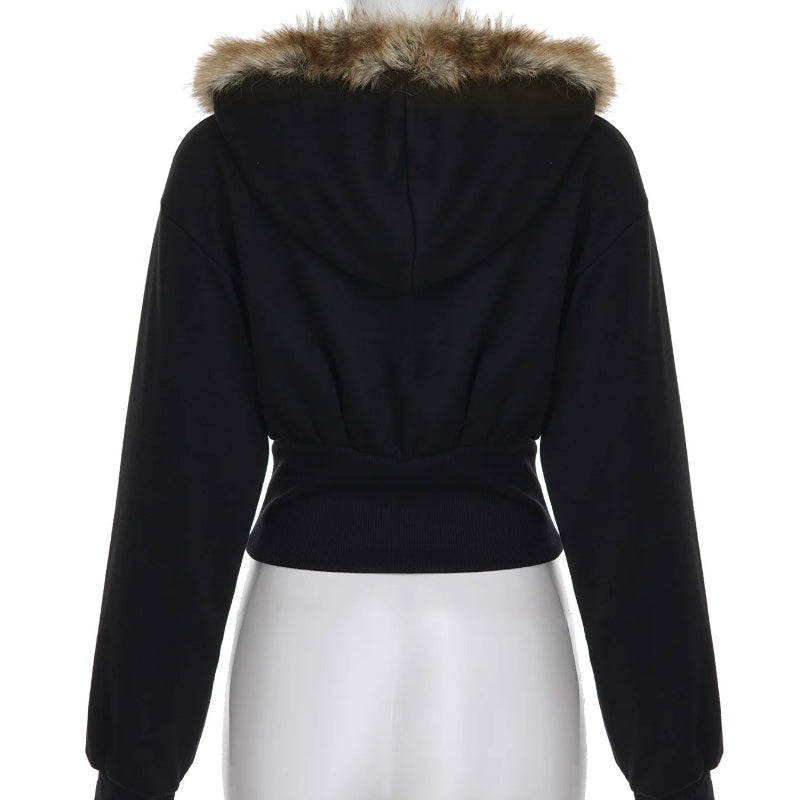 Y2K Graphic Print Slim Fit Cropped Zip Up Faux Fur Hoodie