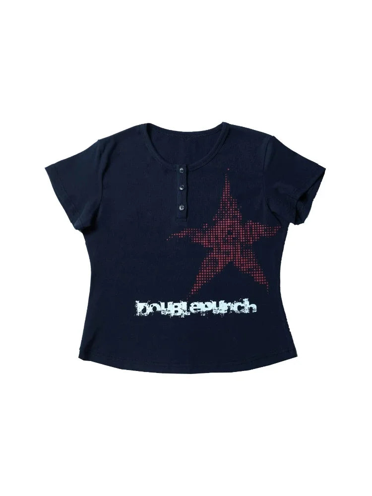 Y2K Graphic Star Button Up Crop Top