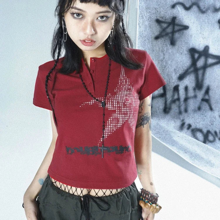 Y2K Graphic Star Button Up Crop Top