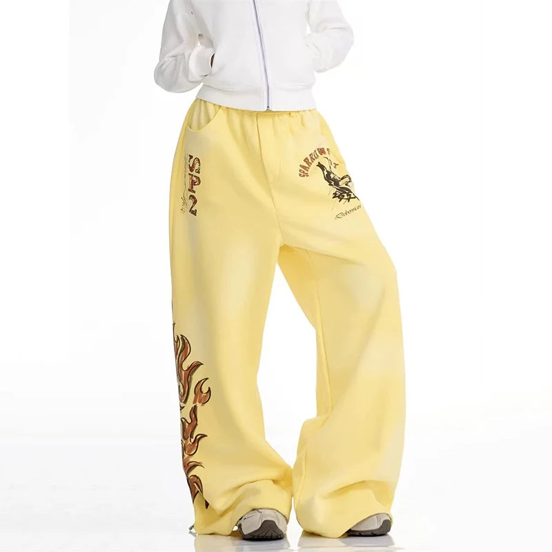 Y2K Graphic Wide Leg Yellow Sweatpants Joggers Trousers