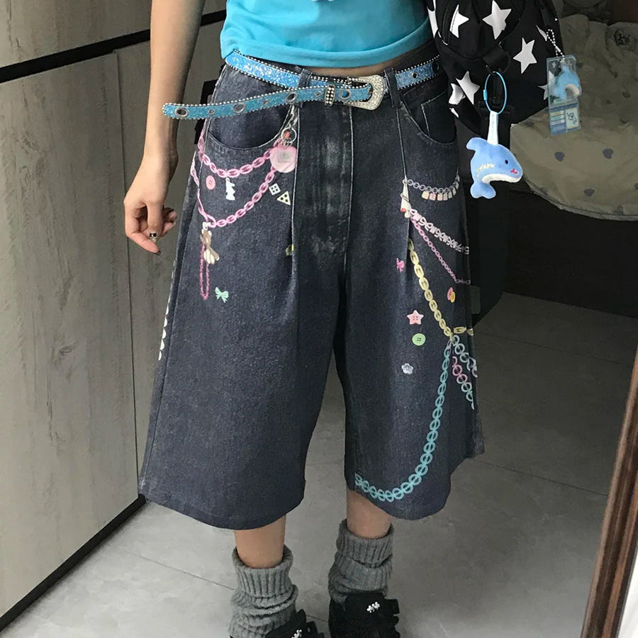 Y2K Graphic Womens Wide Leg Denim Shorts Jorts
