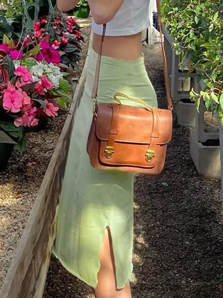 Y2K Green Flowy Low Waist Slit Midi Skirt