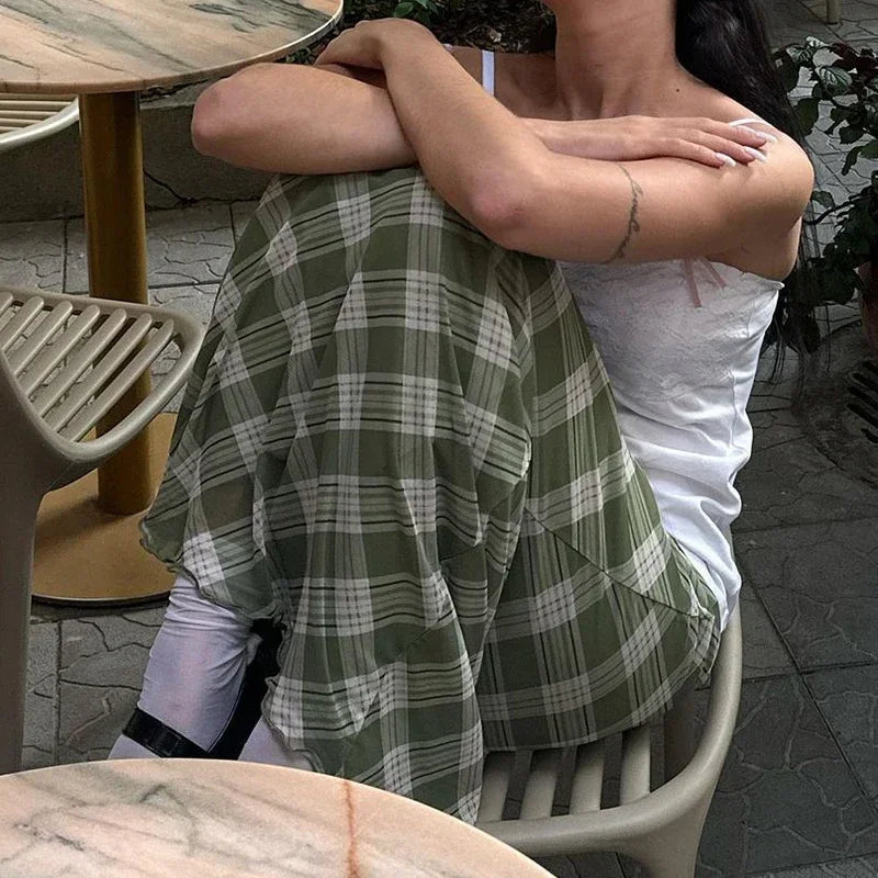 Y2K Green Striped Plaid Midi Skirt