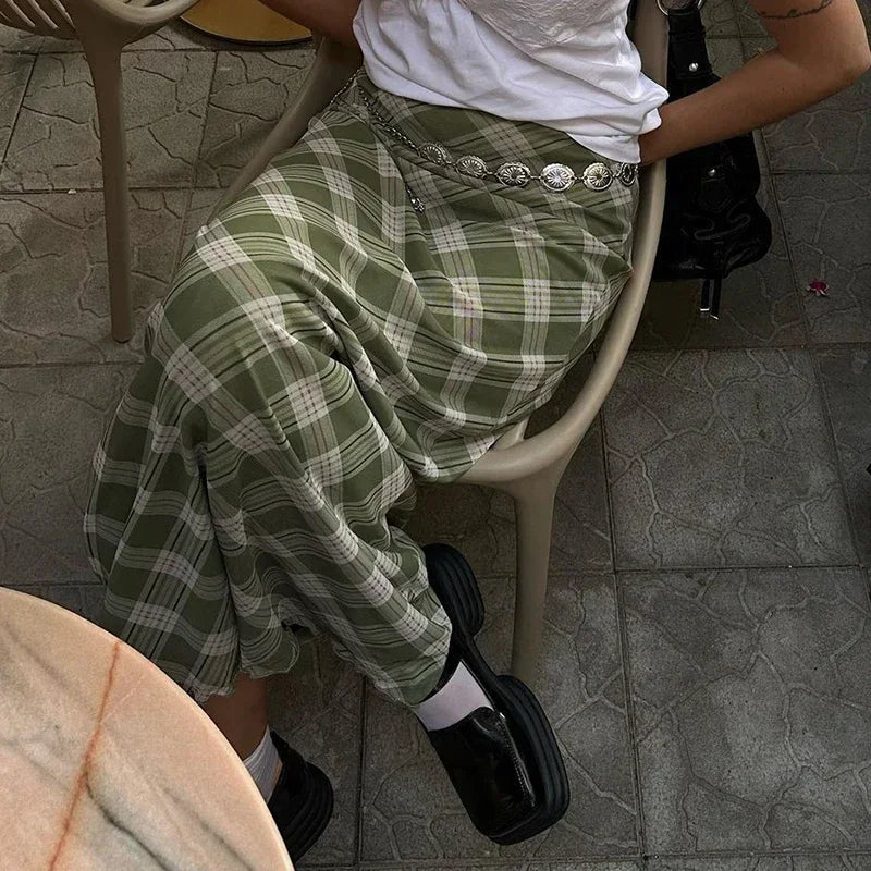 Y2K Green Striped Plaid Midi Skirt